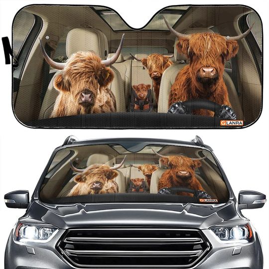Funny Highland Cow Family Driving Car Sun Shade, Highland Cattle Car WindShield