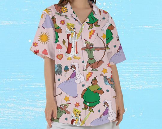 Retro 70s Robin Hood Disney Hawaiian Shirt / Prince John Maid Marian Alan-A-Dale Little John