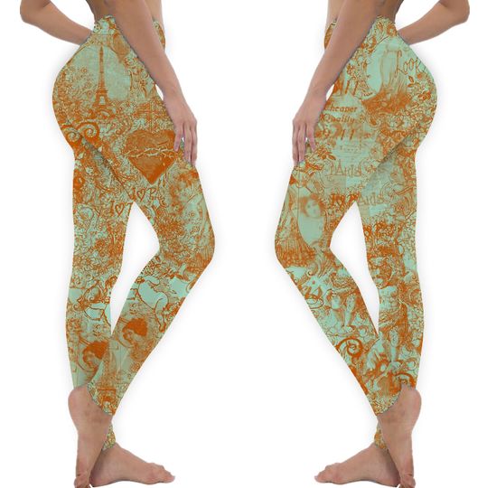 Aqua And Rust Romantic Angels Flowers French Vintage Eifel Tower Toile Design Leggings