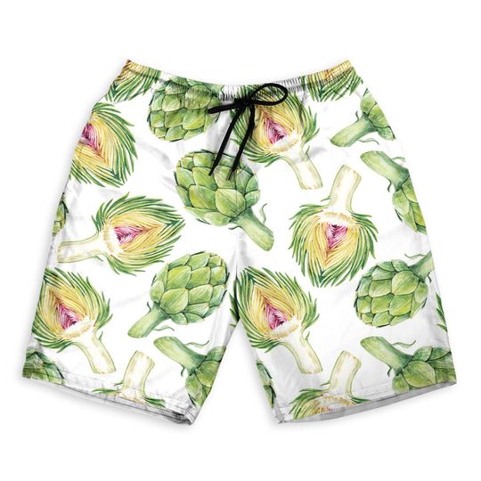 Watercolor Artichoke White Men Beach Shorts, Hawaiian, Summer gift