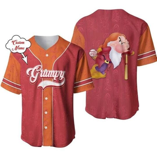 Grumpy Dwarf Red Orange Patterns | Disney Unisex Cartoon Graphic Casual Outfits | Custom Baseball Jersey