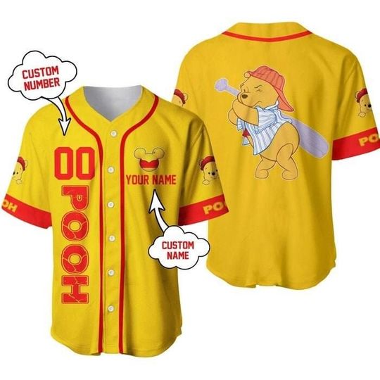 Winnie Pooh Gold Yellow Red | Disney Unisex Cartoon Graphic Casual Outfits | Custom Baseball Jersey