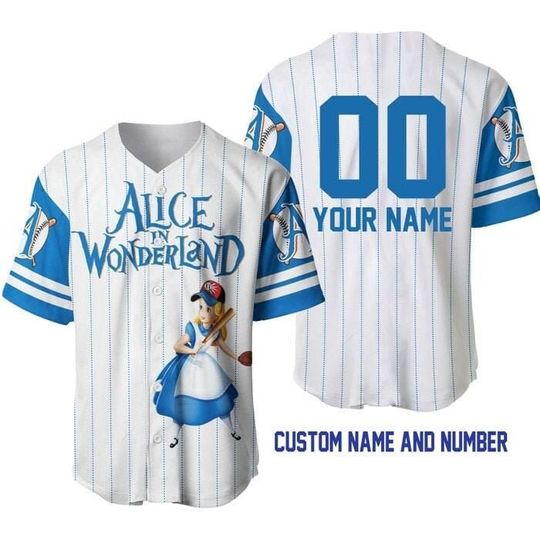 Alice Wonderland White Blue | Disney Unisex Cartoon Custom Baseball Jersey