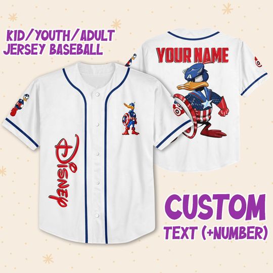 Personalize Disney Captain America Donald Duck, Custom Name Shirt, Disney Baseball Jersey