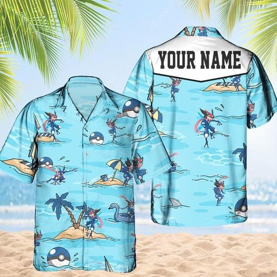 Custom PKM Greninja Hawaiian Pattern Hawaii Shirt, Aloha Anime Greninja Button Up Shirt