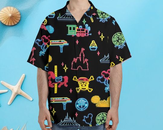 Disneyland Parks Castle Food Snacks Mickey Mouse Neon Light Hawaiian Shirt