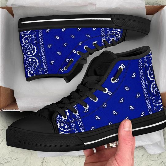 Discover Crip Blue Bandana Style Men's High Top Shoes With Black or White Sole, High Top Sneakers