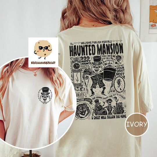 Retro 2 sides The Haunted Mansion Doodle arts T-Shirt, Retro Disney Halloween Stretching Room Shirt
