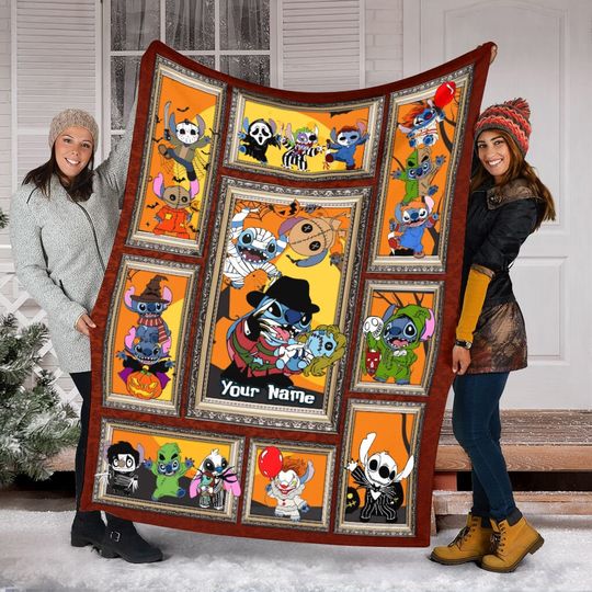 Stitch Halloween Fleece Blanket, Custom Name Blanket,Disney Stitch Cosplay Horror Characters