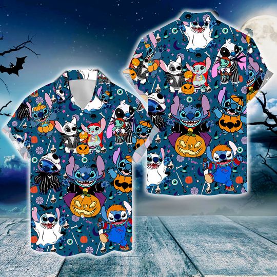 Stitch Ghost Spooky Season Hawaiian Shirt, Disneyy Halloween Shirts, Stitch Pumpkin Horror Hawaii Button
