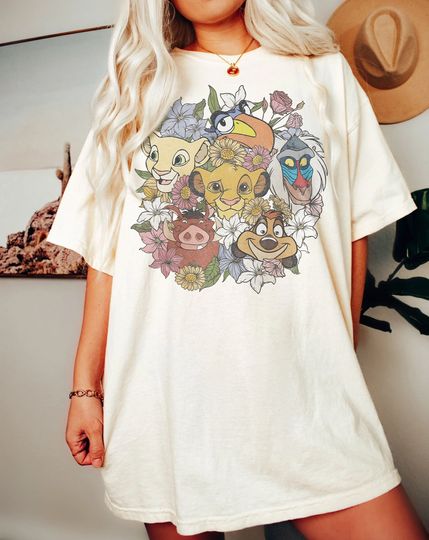 Retro Floral Lion King  Color Shirt, Vintage Floral Disney Unisex T-Shirt, Disney Timon And Pumbaa Tee, Disney Animal Kingdom Shirt.