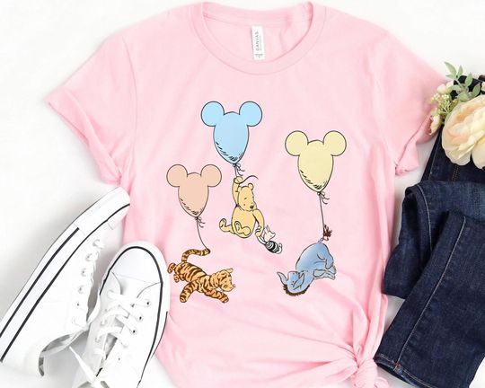 Retro Winnie The Pooh Flying With Mickey Mouse Balloon T-shirt, Disneyland Trip Outfit