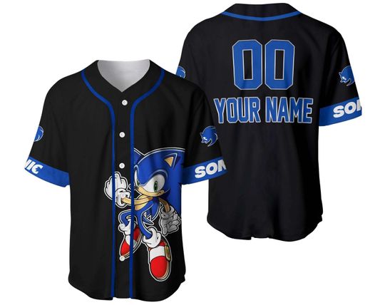 Discover Giant Sonic Hedgehog Black Blue Baseball Jersey, Custom Name Jersey