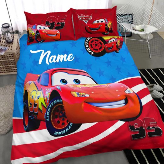 Discover Personalized Lightning Cars Bedding Set, Custon Name Birthday Bedding Set,  Movie Duet Cover, Racing Cars Bedding Set