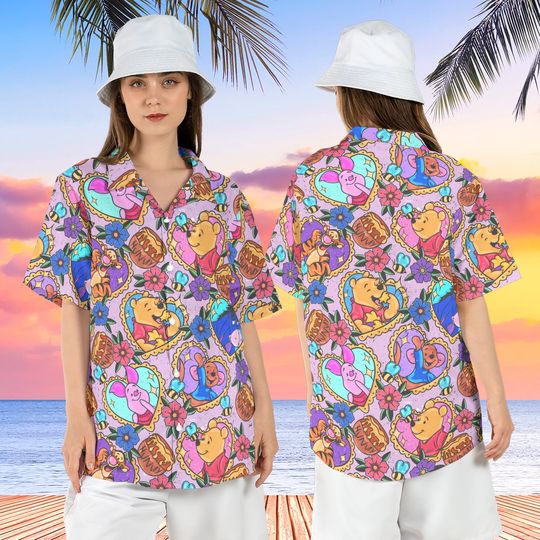 Winnie the Pooh Hearts Hawaiian Shirt, Pooh & Friends Hawaii Shirt, Cute Pooh Bear Aloha Shirt, Disneyland Vacation Button Up Shirt
