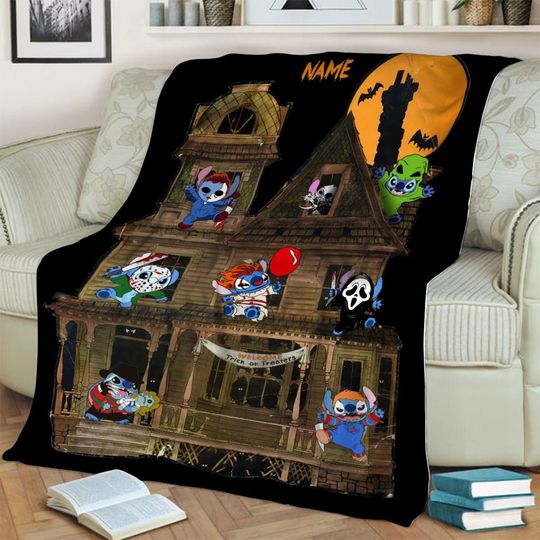 Disney Stitch Horror Halloween Blanket, Stitch Cosplay Horror Characters Fleece Blanket