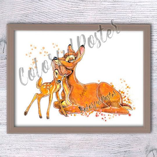 Bambi poster Baby Bambi print Disney wall decor Wall hanging art Bambi illustration Kids room decor Baby shower gift Nursery room decor V235