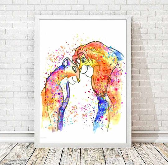 Simba and Nala Watercolor Print Lion King Watercolor Print Disney Poster Nursery Art Painting Love Decor Disney Wedding Gift Sale Item A80