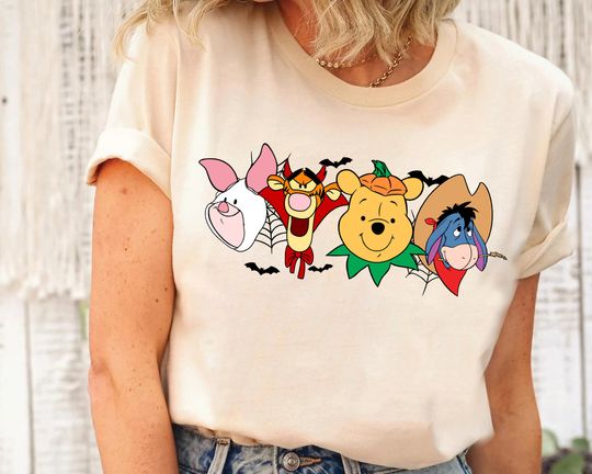Disney Winnie The Pooh Portrait Halloween T-Shirt, Pooh Tigger Eeyore Piglet Spooky Season Pumpkin Shirt