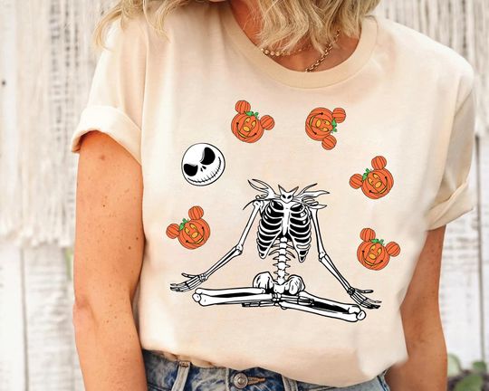 Disney The Nightmare Before Christmas Skeleton Meditates Jack Skellington Mickey Pumpkin Shirt