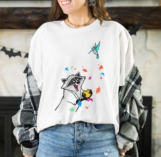 Disney Pocahontas Meeko Flit Colorful Leafs Fall T-Shirt, Cartoon T-Shirt, Cute T-Shirt, Gift For Family