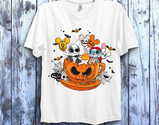 Disney Stitch Jack Skellington And Sally Halloween T-Shirt, Cartoon T-Shirt, Cute T-Shirt, Gift For Family