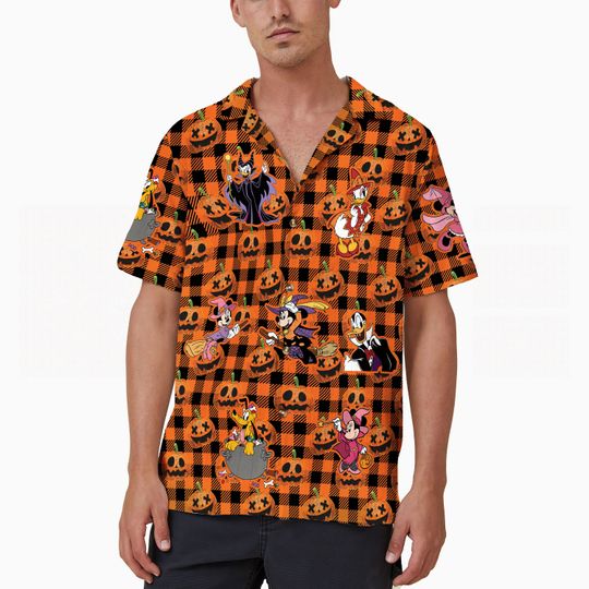 Pumpkin Buffalo Plaid Disney Hawaiian Shirt, Salem Witch Mickey and Friends Aloha Hawaii Shirt