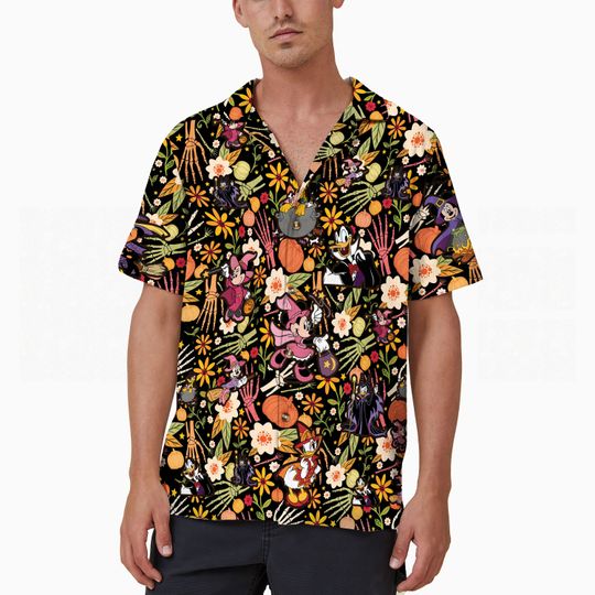 Boho Mickey Friends Halloween Doodle Hawaiian Shirt, Cottagecore Disney Hawaii Shirt