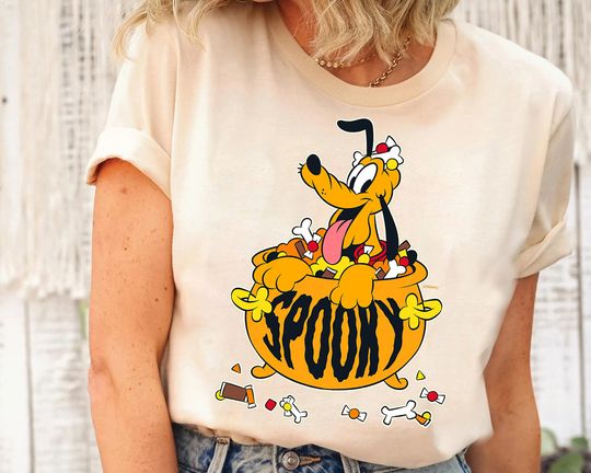 Disney Pluto Happy Halloween Spooky Cauldron With Candy T-Shirt, Cartoon T-Shirt, Cute T-Shirt, Gift For Family
