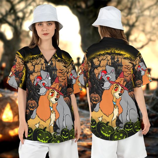 Lady and the Tramp Halloween Hawaiian Shirt, Halloween Couple Button Shirt, Disneyland Dog Lovers Hawaii Shirt, Spooky Dogs Aloha Shirt