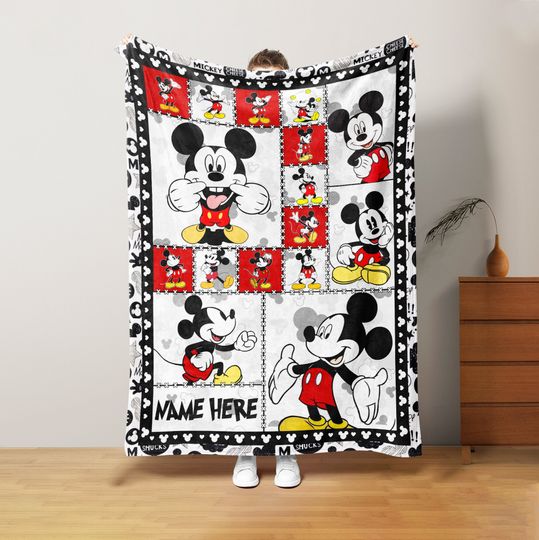 Personalized Funny Mickey Blanket, Happy Mickey Mouse Soft Cozy Sherpa Fleece Throw Blankets,  Disney Gift for Kid