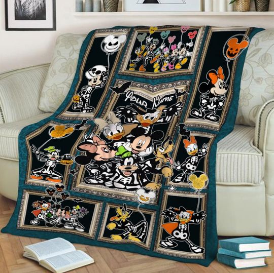 Personalized Disney Skeleton Blanket, Disney Halloween Blanket, Mickey And Friends Halloween Blanket