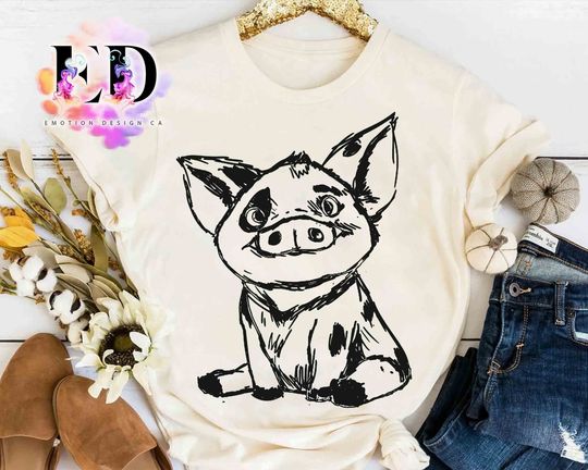 Disney Moana Cute Pua Pig Sketch Portrait Shirt, Hei Hei Maui Tamatoa Tee