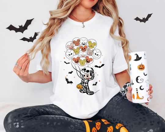 Disney Mickey Skeleton Balloon T-Shirt, Disney Halloween Matching Shirt