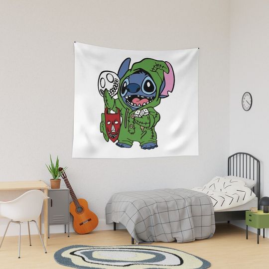 Funny Stitch, Disney Halloween, Retro Horror Halloween Tapestry