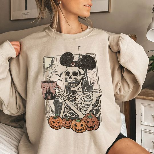 Vintage Disney Skeleton Sweatshirt, Mickey Skeleton Coffee Shirt