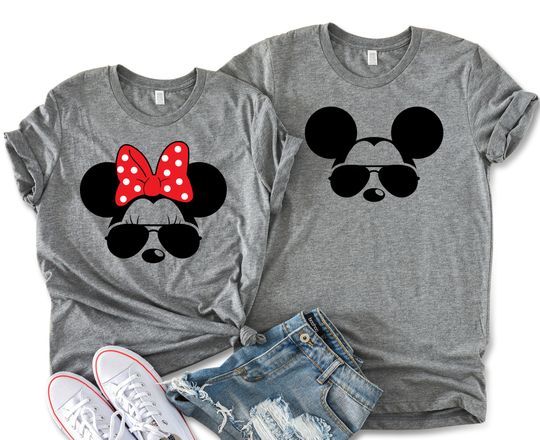 Minnie & Mickey Aviator Sunglasses Unisex T-shirts, Disney Matching Couple Tees, Minnie and Mickey Matching Tees, Disney Vacation Shirts