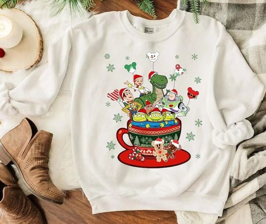 Disney Toy Story Christmas Coffee Latte Drink Cup Sweatshirt, Buzz Lightyear, Woody, Jessie, Aliens, Disneyland Christmas Holiday Shirt