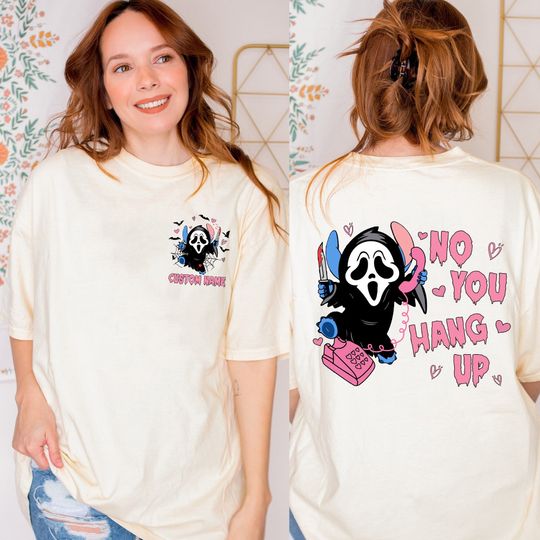 Two-sided Disney Stitch Ghostface No You Hang Up Shirt, Personalized Disney Halloween Stitch Ghost Costume, Spooky Vibes Tee, Trick Or Treat