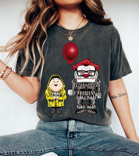 Disney Pixar Up Horror Character Shirt, Pennywise Carl Fredricksen Russell Halloween Costume Shirt, Disney Halloween Matching Family Shirt