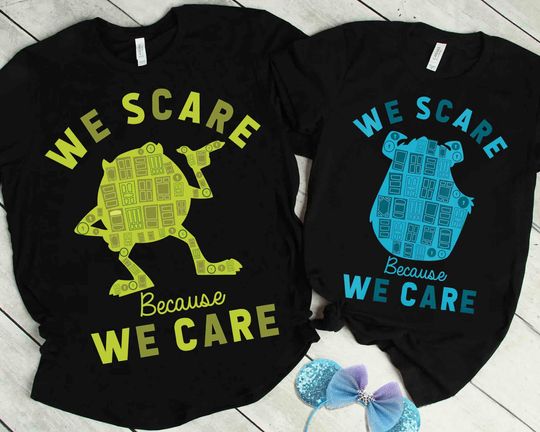Disney Pixar Monsters University Mike And Sulley We Scare We Care Graphic Shirt, WDW Magic Kingdom Disneyland Family Vacation Holiday Gift