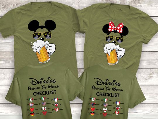 Mickey Beer Minnie Beer Front and Back, Epcot Drinking Around The World Shirt, Drinking Around the world checklist, Disney Couple shirts