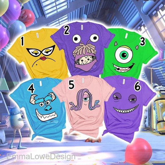 Monsters Inc Costume Face Shirts, Birthday Group Costume Shirts, Mike Wazowski University Shirt, Disney Monster Characters Matching Shirts