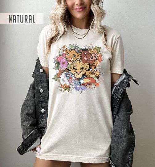 Retro Lion Floral Shirt, Wild Flowers Shirt, Lion And Fiends Tee, Animal Kingdom Shirt, Disney Timon And Pumbaa, Disney Floral Group Tee.