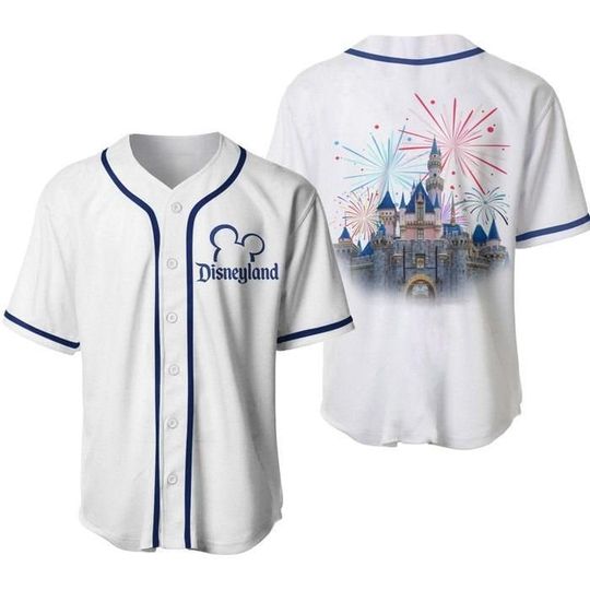 Disneyland Castle Fireworks White Navy Blue Cartoon Custom Baseball Jersey