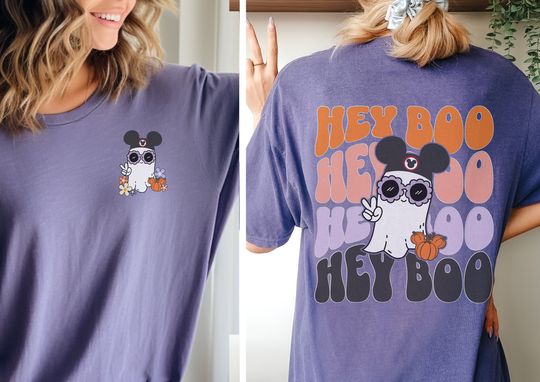 Mickey Halloween Shirt for Disneyland or DisneyWorld Vacation, Hey Boo Mickey Ghost Halloween 2 Sided Unisex Garment-Dyed T-shirt