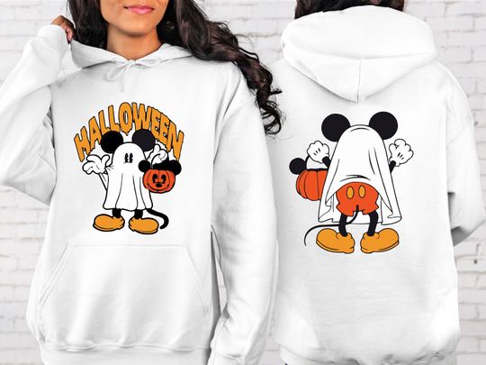 Disney Halloween 2 Sided Sweatshirt and Hoodie, Mickey Halloween Sweatshirt, Mickey Ghost Hoodie,Disney Halloween Pumpkins Hoodie