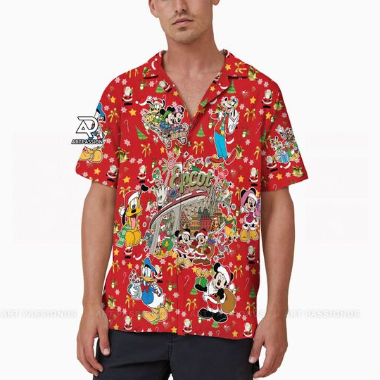 Mickey and Friends Hawaiian Christmas Shirt, Disney Epcot Button Up