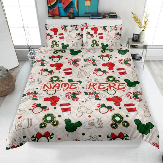 Personalized Christmas Mickey Quilt Bedding Set, Custom Name Disney