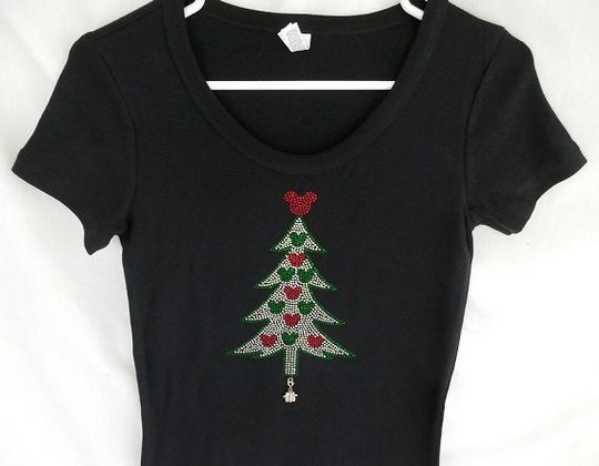 Mickey Christmas Tree Women's Rhinestone Disney T Shirt.